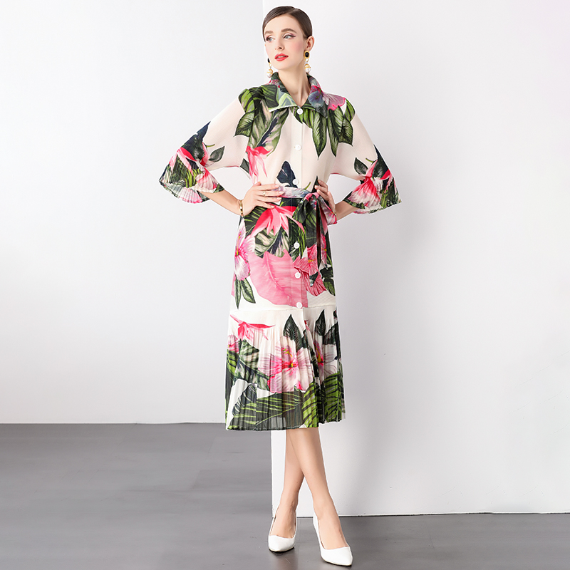 Miyake trumpet sleeve ruffle print style dress, women's long sleeved pleated cardigan style dress with a cinched waist, elongated design Miyake trumpet sleeve ruffle print style dress, women's long sleeved pleated cardigan style dress with a cinched waist, elongated design