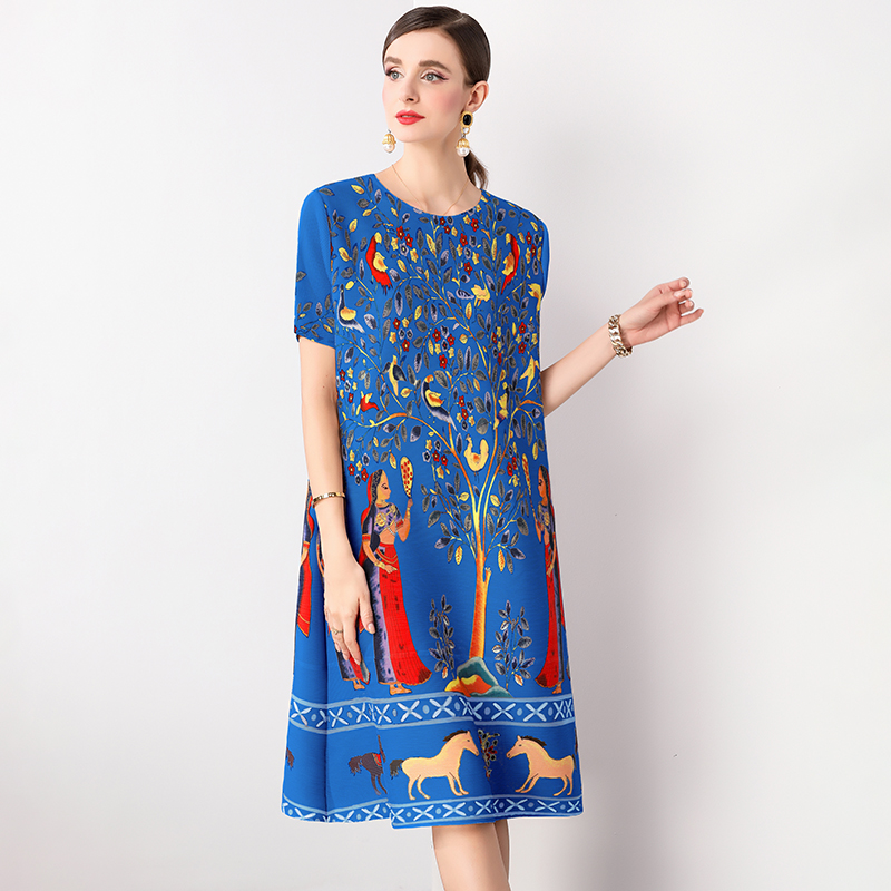 Retro printed pleated dress for women's stay at home mom, new fashionable temperament, plus size loose slimming mid length skirt Retro printed pleated dress for women's stay at home mom, new fashionable temperament, plus size loose slimming mid length skirt