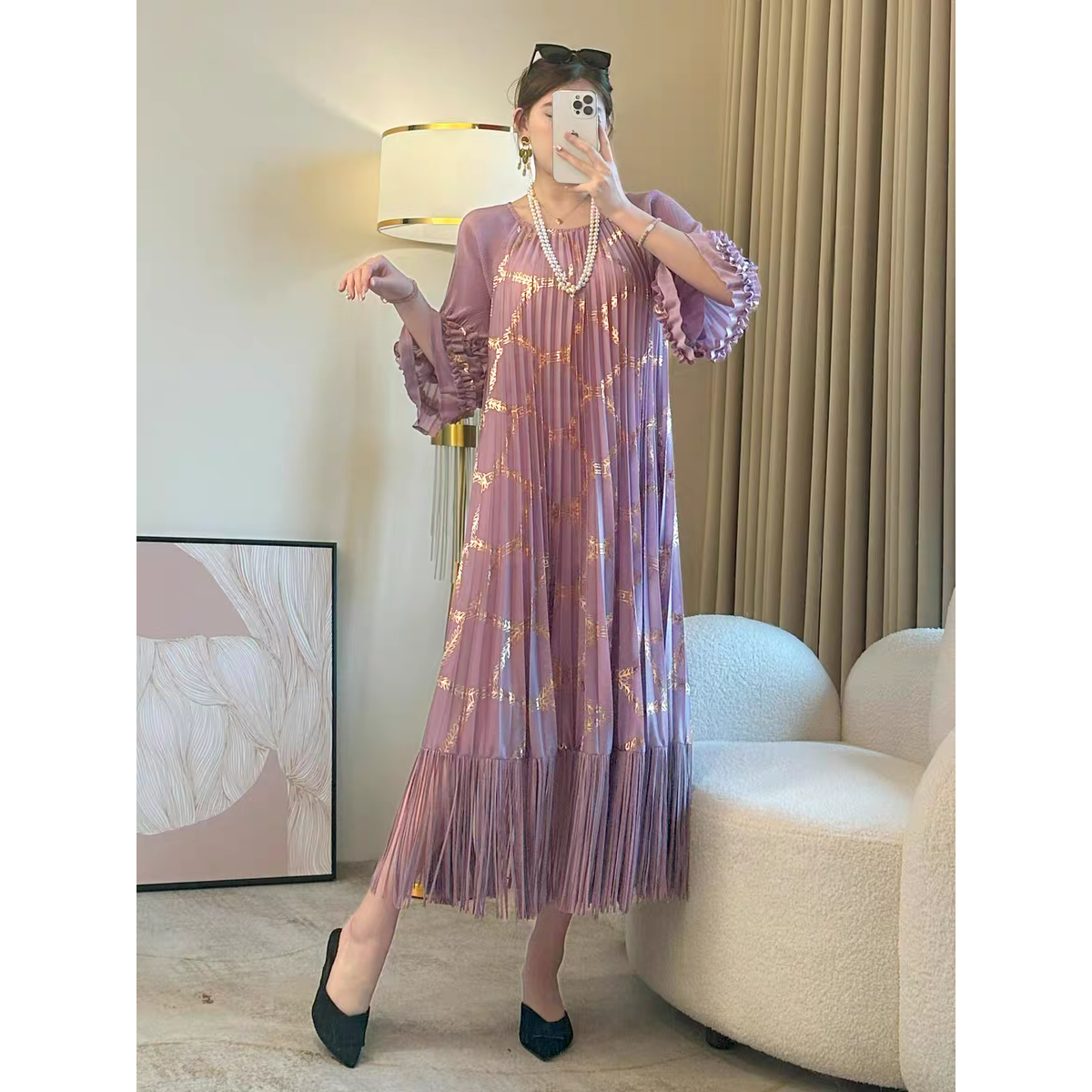 Miyake European and American cross-border hot stamping fashionable pleated dress with flared sleeves, large swing and hanging tassel long skirt, loose and slimming