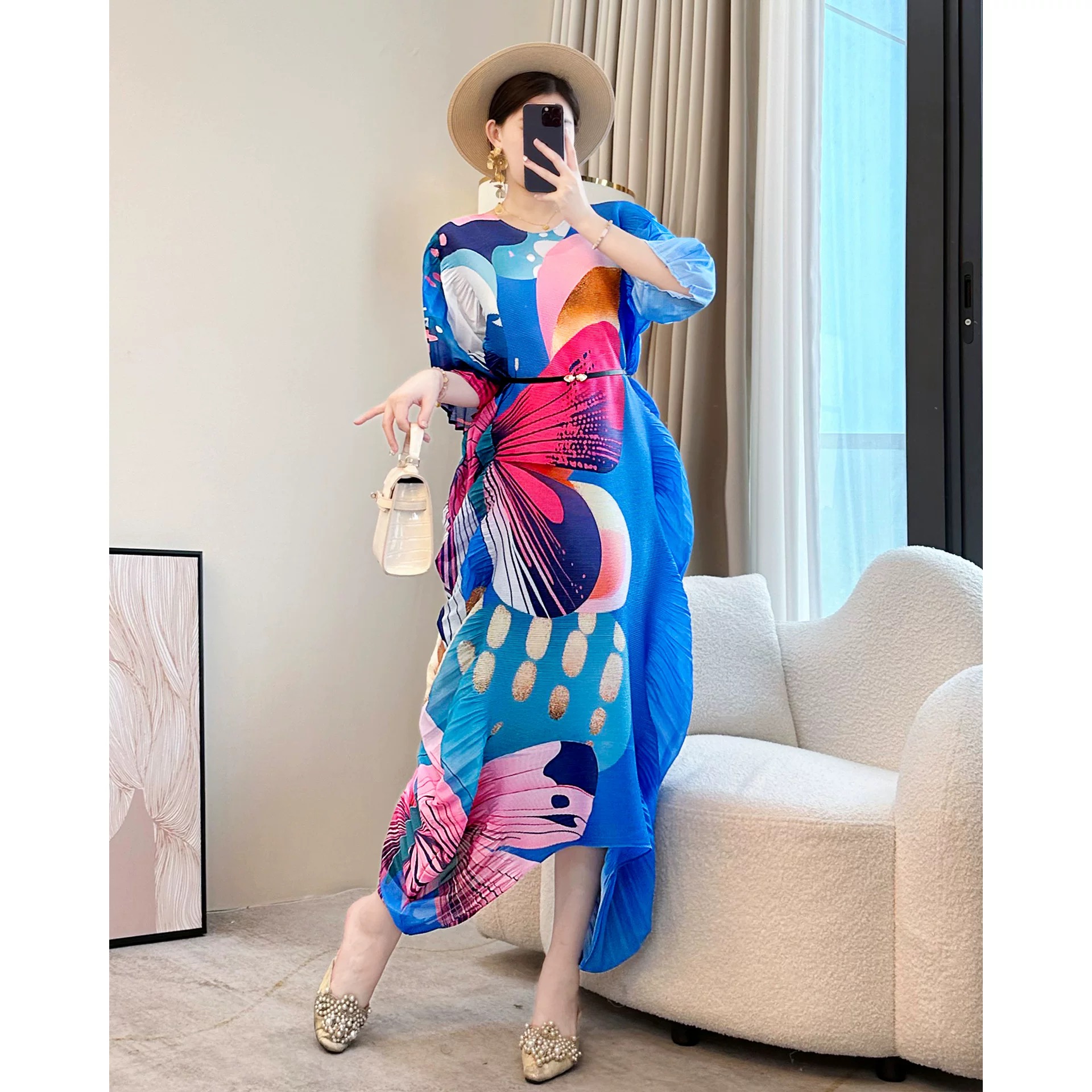 Miyake luxury, irregular ruffle edge design, pleated printed dress, beach vacation, plus size, loose fit for women Miyake luxury, irregular ruffle edge design, pleated printed dress, beach vacation, plus size, loose fit for women