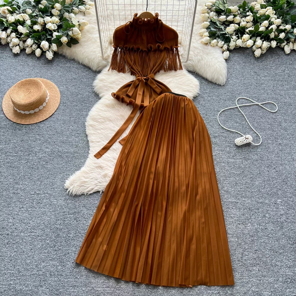 Wrinkled European and American cross-border mushroom edge tassel design with a sense of cinching waist top, pleated skirt, versatile half skirt, light luxury set Wrinkled European and American cross-border mushroom edge tassel design with a sense of cinching waist top, pleated skirt, versatile half skirt, light luxury set