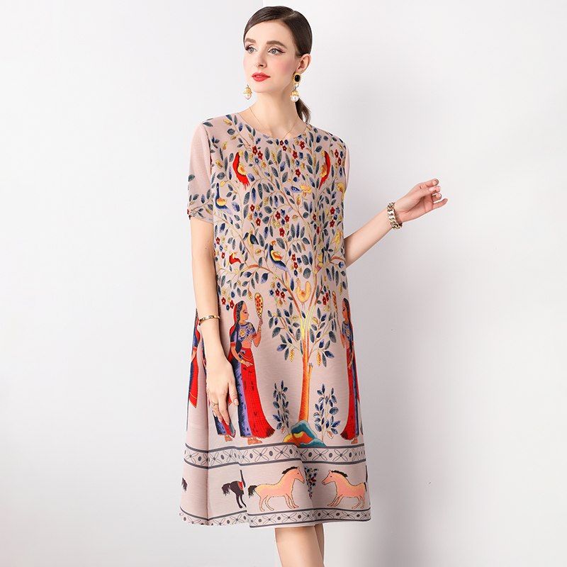 Retro printed pleated dress for women's stay at home mom, new fashionable temperament, plus size loose slimming mid length skirt Retro printed pleated dress for women's stay at home mom, new fashionable temperament, plus size loose slimming mid length skirt