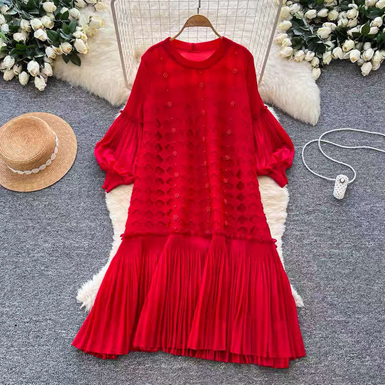 Miyake Cross border European and American Nail Bead Lantern Sleeve Folded Dress with Hollow Design, Loose and Elegant Lotus Leaf Side Length Skirt Miyake Cross border European and American Nail Bead Lantern Sleeve Folded Dress with Hollow Design, Loose and Elegant Lotus Leaf Side Length Skirt