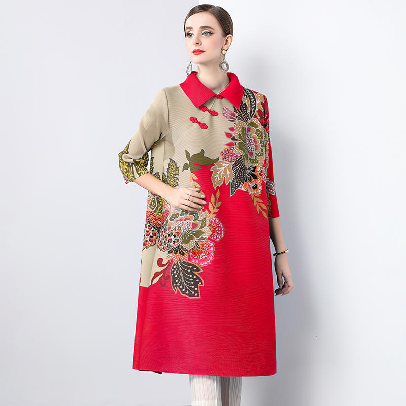 Miyake Chinese style lapel set with diamond print mm outfit with seven quarter sleeves and loose button pleats, shaking skirt, women's dress Miyake Chinese style lapel set with diamond print mm outfit with seven quarter sleeves and loose button pleats, shaking skirt, women's dress