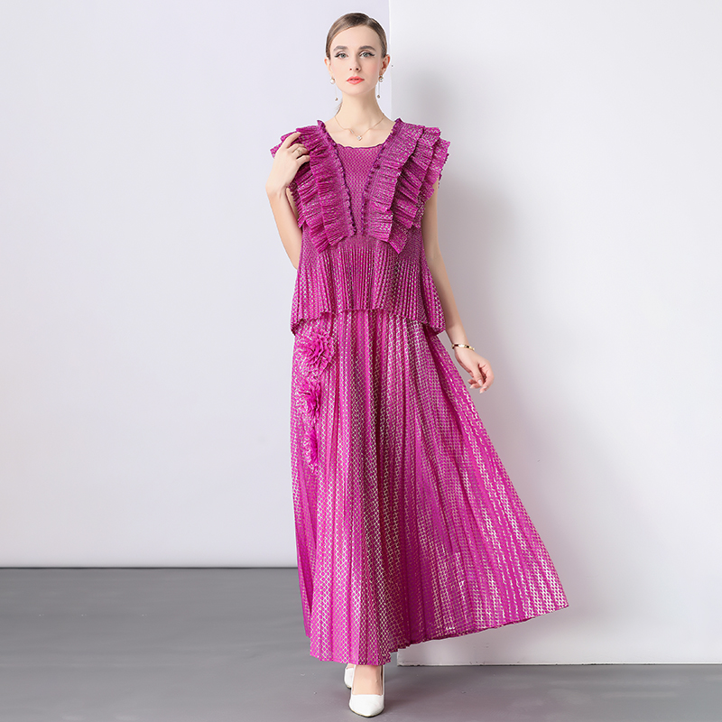 Miyake foreign trade hot stamping pleated ruffle edge European and American loose three-dimensional decoration top with split plate flower versatile pleated skirt Miyake foreign trade hot stamping pleated ruffle edge European and American loose three-dimensional decoration top with split plate flower versatile pleated skirt