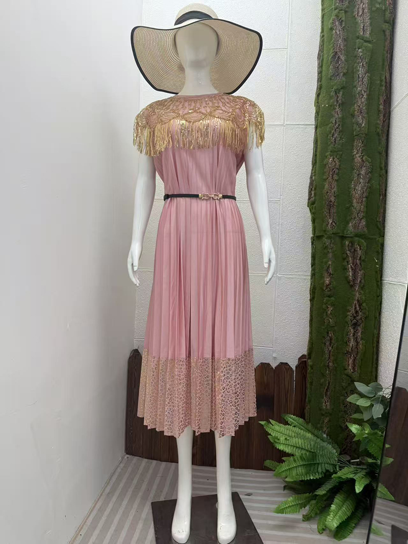 Miyake Cross border Heavy Industry Hot Stamping High end Dress, socialite style sequin decoration design, pleated loose women's long dress