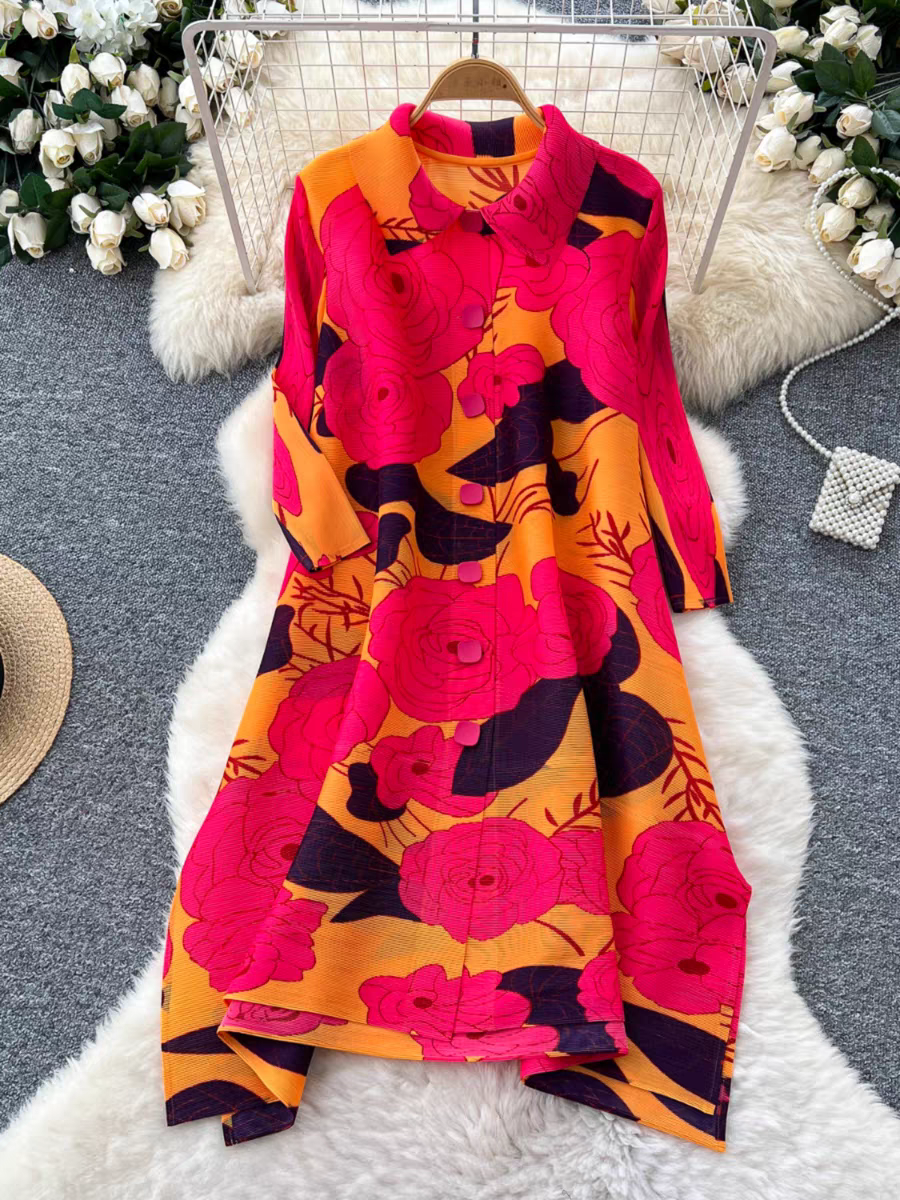 Sanzhai Spring and Autumn Mid length Loose Printed Slimming and Age Reducing Large Size MM Dress with Collar Fold and Nine Cent Sleeve Sanzhai Spring and Autumn Mid length Loose Printed Slimming and Age Reducing Large Size MM Dress with Collar Fold and Nine Cent Sleeve