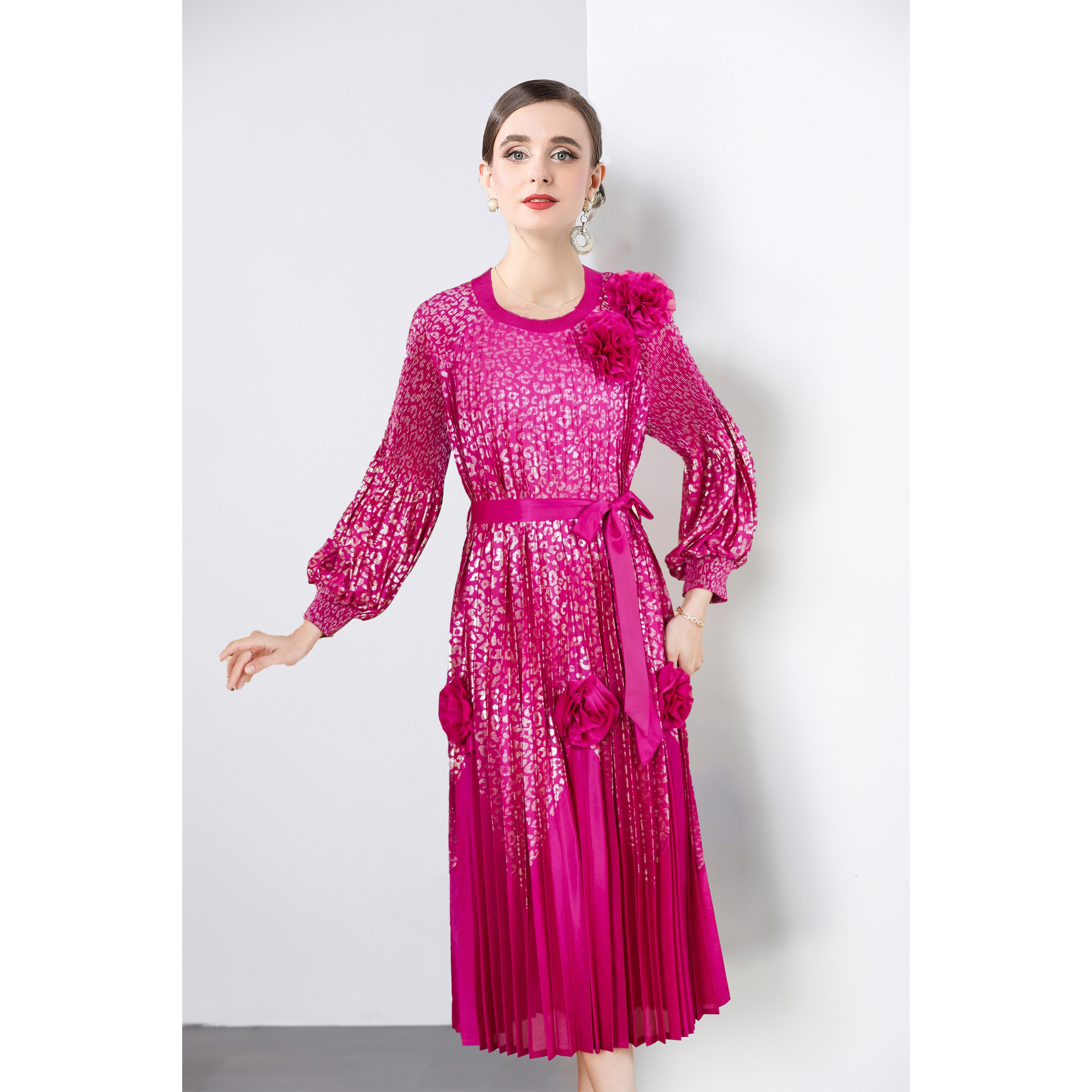 Miyake 2025 Cross border High end Hot Stamped Lantern Sleeve Folded Dress with Strap up 3D Decorative Flower Fairy Style Skirt Miyake 2025 Cross border High end Hot Stamped Lantern Sleeve Folded Dress with Strap up 3D Decorative Flower Fairy Style Skirt