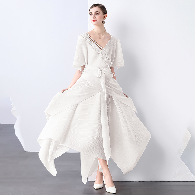 Miyake Foreign Trade Design Jacket Strap Fashion Loose Nail Bead tassel Irregular Wrinkle Solid Color V-neck Set Miyake Foreign Trade Design Jacket Strap Fashion Loose Nail Bead tassel Irregular Wrinkle Solid Color V-neck Set