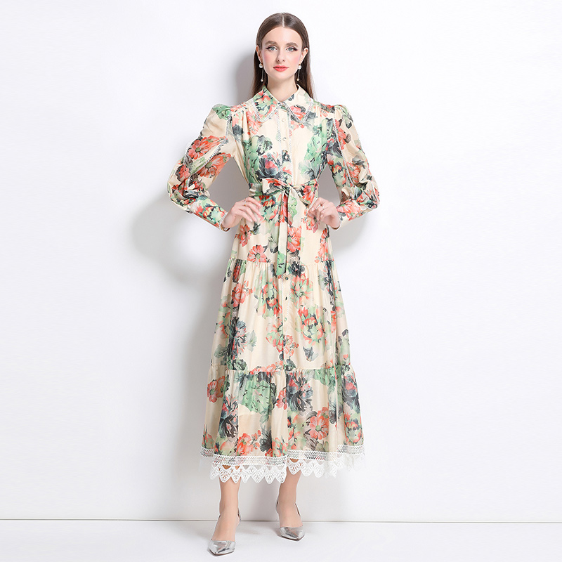 Real shot - Artistic style lace up waist cinching lapel long skirt with retro printed design, long dress Real shot - Artistic style lace up waist cinching lapel long skirt with retro printed design, long dress