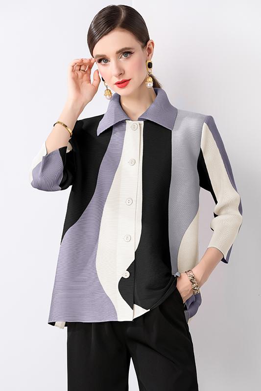 Miyake Spring and Autumn Korean version loose and versatile lapel single breasted long sleeved shirt with design sense, printed niche pleated top Miyake Spring and Autumn Korean version loose and versatile lapel single breasted long sleeved shirt with design sense, printed niche pleated top