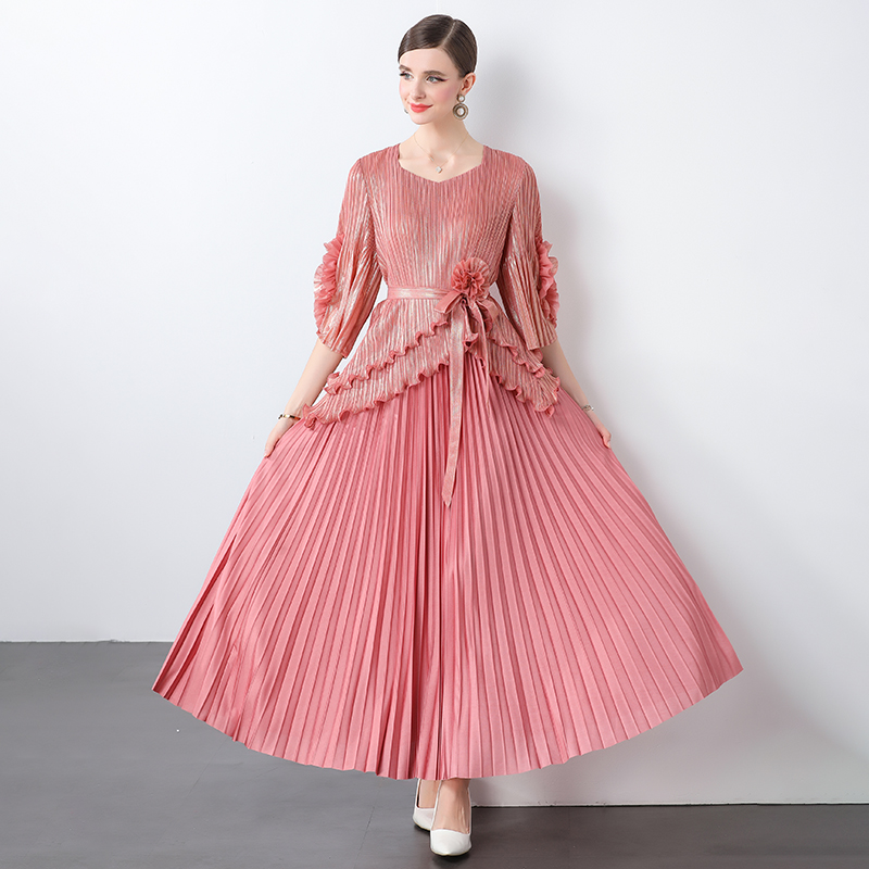 Miyake Foreign Trade Fashion Hot Stamping Curled Edge Plate Flower Design Sense Strap Top High Waist Long Hundred Fold Half Skirt Set