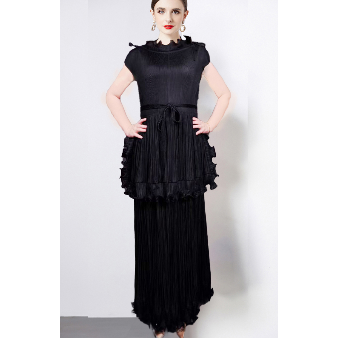 Miyake European and American sleeveless black fungus edge pleated long dress with waist cinching, spring and summer cross-border new light luxury women's dress Miyake European and American sleeveless black fungus edge pleated long dress with waist cinching, spring and summer cross-border new light luxury women's dress