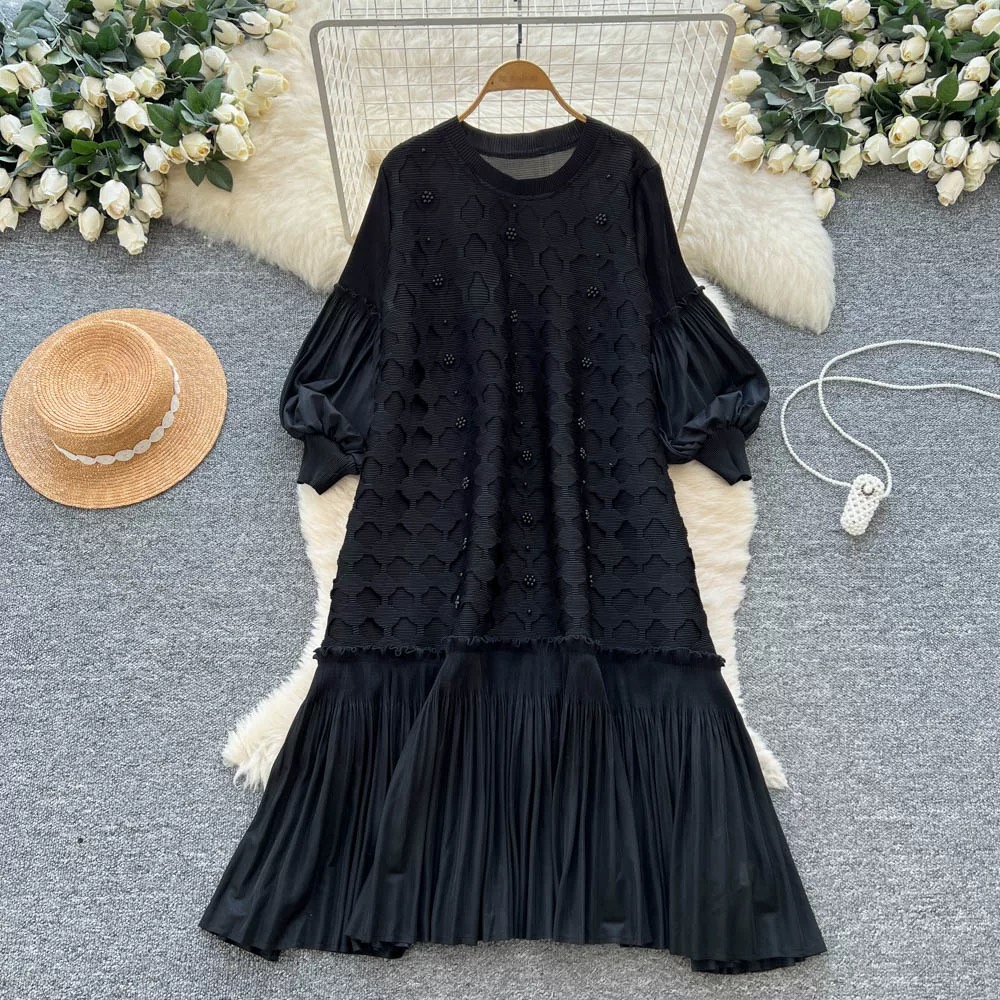 Miyake Cross border European and American Nail Bead Lantern Sleeve Folded Dress with Hollow Design, Loose and Elegant Lotus Leaf Side Length Skirt Miyake Cross border European and American Nail Bead Lantern Sleeve Folded Dress with Hollow Design, Loose and Elegant Lotus Leaf Side Length Skirt