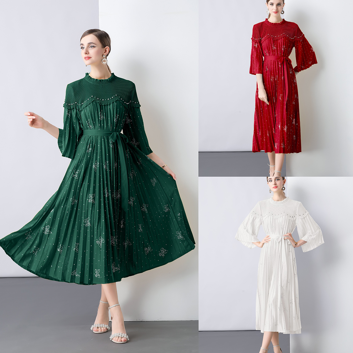 Miyake 2025 design sense heavy industry nail bead nail diamond tie loose dress pleated pleated pleated women's mid length skirt cross-border