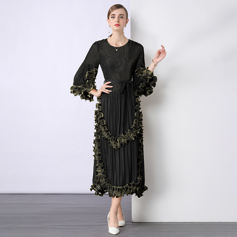 European and American court style hot stamping three bedroom dress with pleated fungus edges, high-end heavy industry cross-border loose waist dress European and American court style hot stamping three bedroom dress with pleated fungus edges, high-end heavy industry cross-border loose waist dress