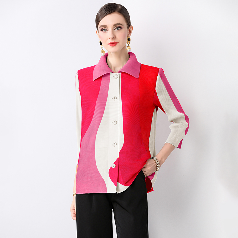 Miyake Spring and Autumn Korean version loose and versatile lapel single breasted long sleeved shirt with design sense, printed niche pleated top Miyake Spring and Autumn Korean version loose and versatile lapel single breasted long sleeved shirt with design sense, printed niche pleated top