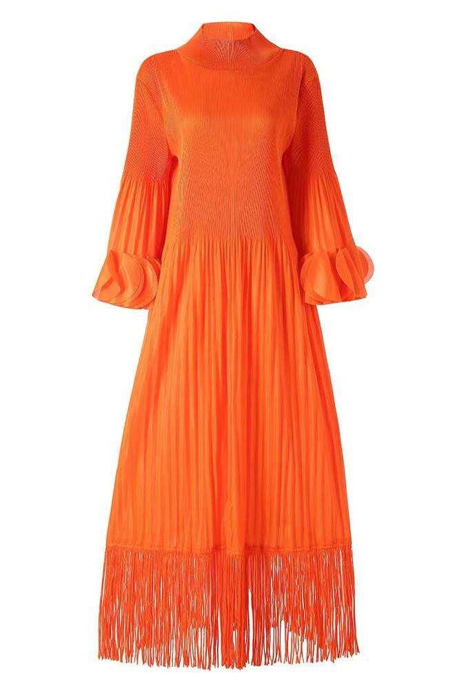 Miyake Cross border European, American, Middle Eastern Tassel Fold Design with Petal Repair Solid Color Dress for Ladies, Long Sleeves, Mid length Skirt Miyake Cross border European, American, Middle Eastern Tassel Fold Design with Petal Repair Solid Color Dress for Ladies, Long Sleeves, Mid length Skirt