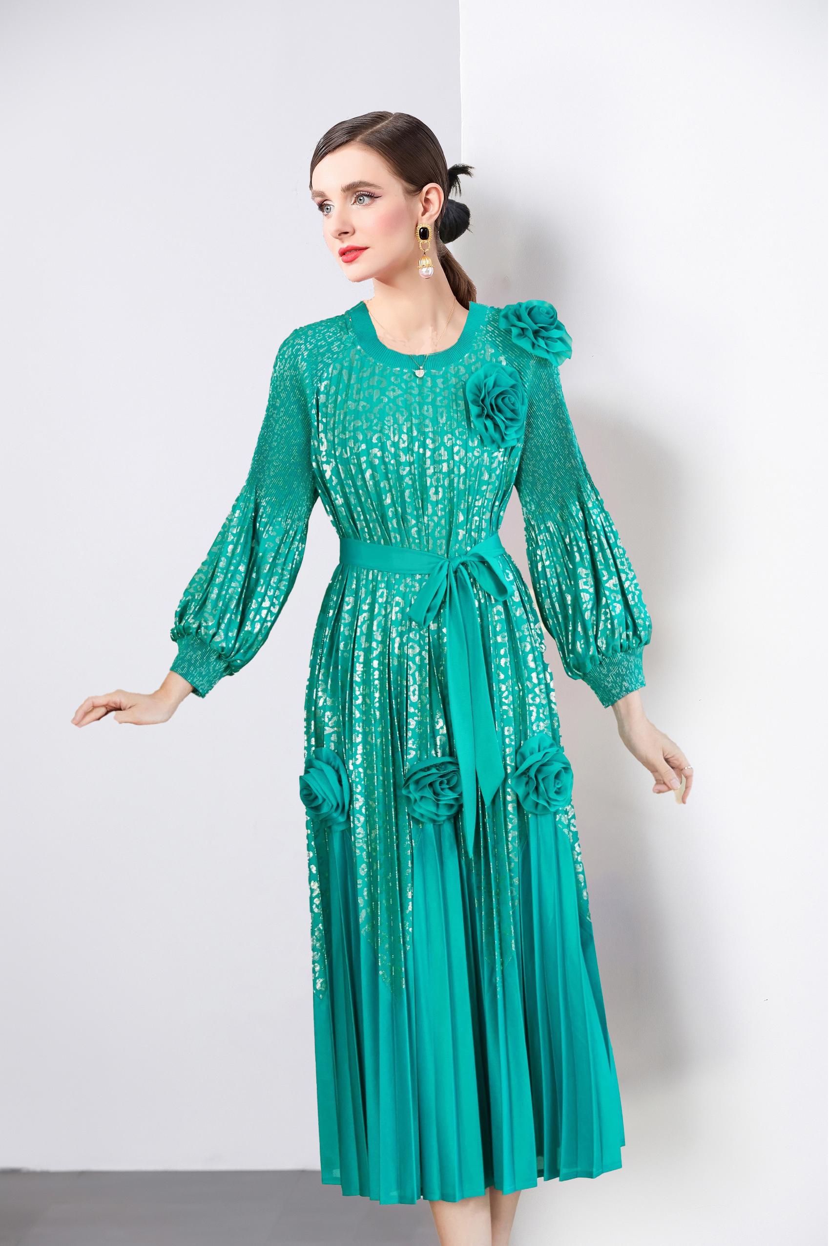 Miyake 2025 Cross border High end Hot Stamped Lantern Sleeve Folded Dress with Strap up 3D Decorative Flower Fairy Style Skirt Miyake 2025 Cross border High end Hot Stamped Lantern Sleeve Folded Dress with Strap up 3D Decorative Flower Fairy Style Skirt