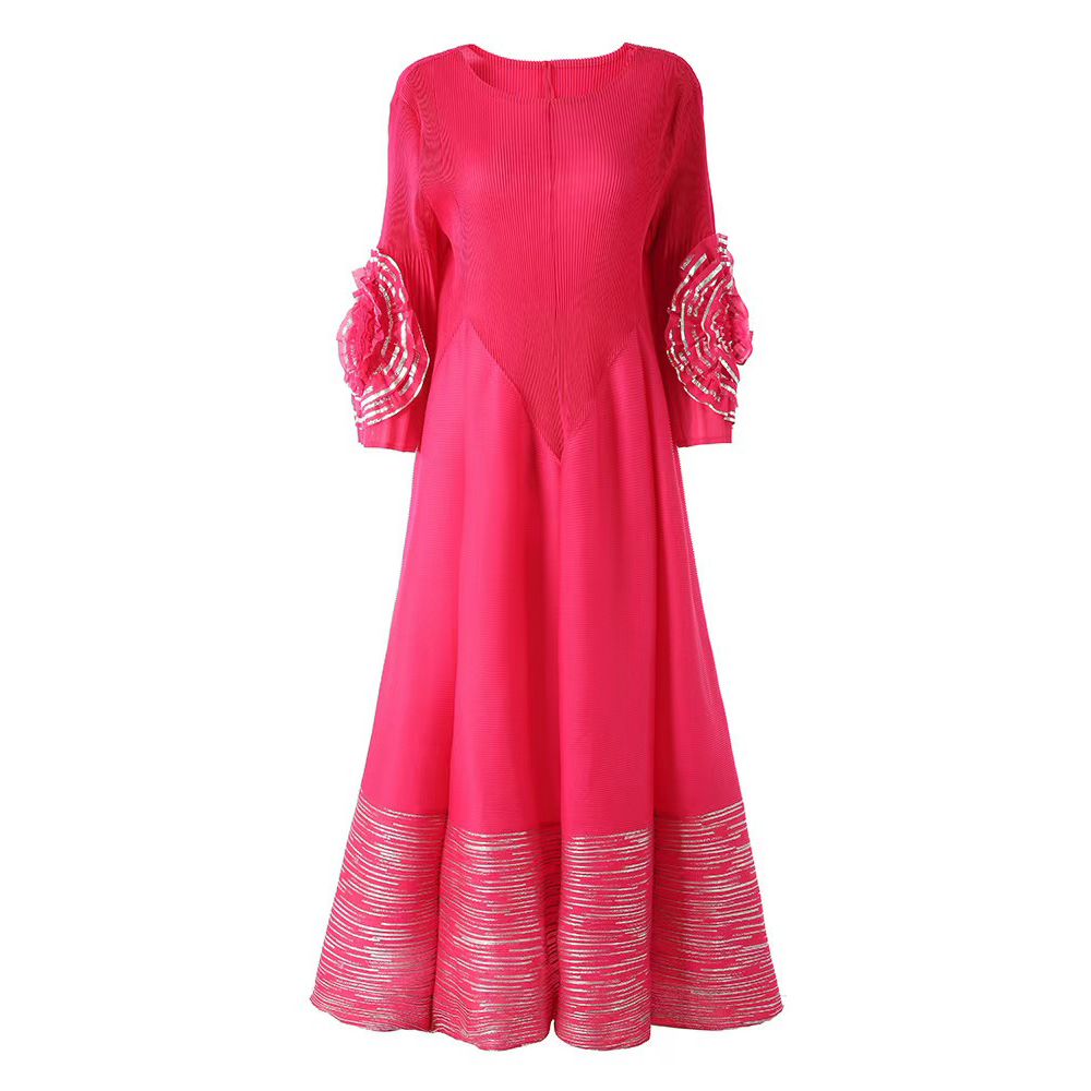 Miyake plus size cross-border women's clothing, hot pressed gold plate flower embroidered round neck loose elastic shaking pleated trumpet sleeve long skirt Miyake plus size cross-border women's clothing, hot pressed gold plate flower embroidered round neck loose elastic shaking pleated trumpet sleeve long skirt