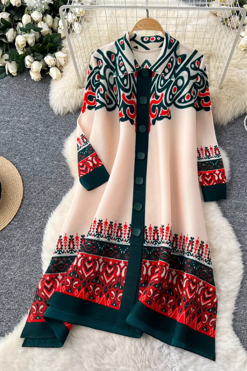 Sanzhai Spring and Autumn Mid length Loose Printed Slimming and Age Reducing Large Size MM Dress with Collar Fold and Nine Cent Sleeve Sanzhai Spring and Autumn Mid length Loose Printed Slimming and Age Reducing Large Size MM Dress with Collar Fold and Nine Cent Sleeve