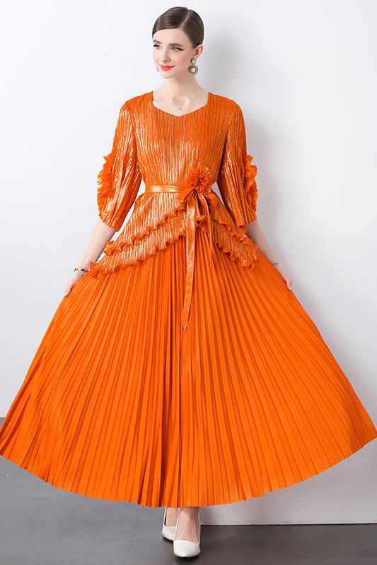 Miyake Foreign Trade Fashion Hot Stamping Curled Edge Plate Flower Design Sense Strap Top High Waist Long Hundred Fold Half Skirt Set Miyake Foreign Trade Fashion Hot Stamping Curled Edge Plate Flower Design Sense Strap Top High Waist Long Hundred Fold Half Skirt Set