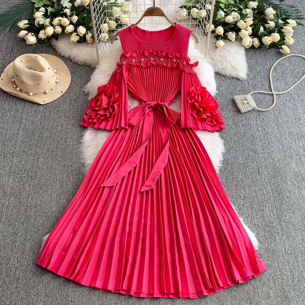 Miyake 2025 new one shoulder flared sleeve three-dimensional flower waist cinching slimming women's pleated dress cross-border nail bead Miyake 2025 new one shoulder flared sleeve three-dimensional flower waist cinching slimming women's pleated dress cross-border nail bead