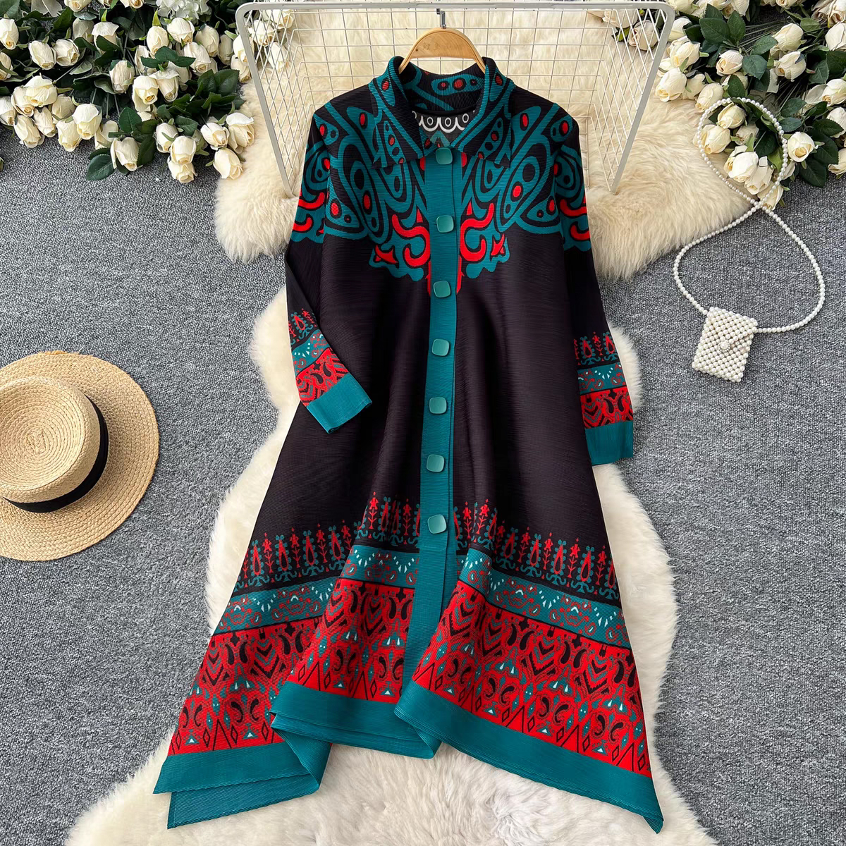 Sanzhai Spring and Autumn Mid length Loose Printed Slimming and Age Reducing Large Size MM Dress with Collar Fold and Nine Cent Sleeve Sanzhai Spring and Autumn Mid length Loose Printed Slimming and Age Reducing Large Size MM Dress with Collar Fold and Nine Cent Sleeve