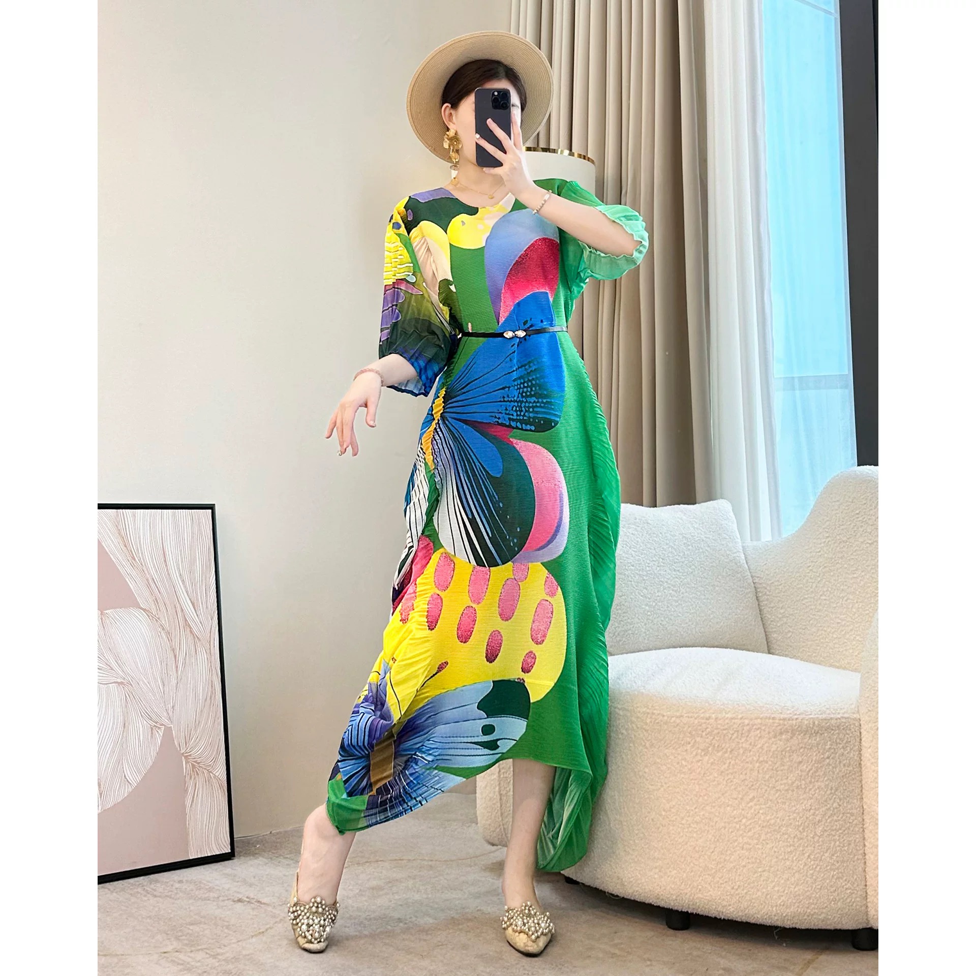 Miyake luxury, irregular ruffle edge design, pleated printed dress, beach vacation, plus size, loose fit for women Miyake luxury, irregular ruffle edge design, pleated printed dress, beach vacation, plus size, loose fit for women