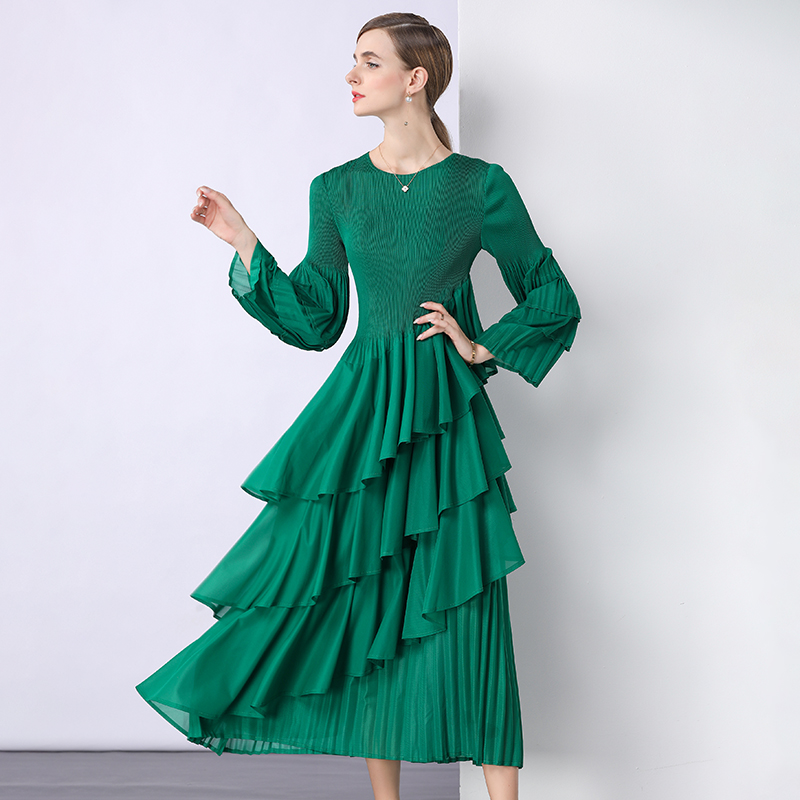 Miyake Cross border European and American Lotus Leaf Edge Cake Skirt Heavy duty Folded High Waist Long Sleeve Light Mature Wind Loose Hanging Dress Miyake Cross border European and American Lotus Leaf Edge Cake Skirt Heavy duty Folded High Waist Long Sleeve Light Mature Wind Loose Hanging Dress