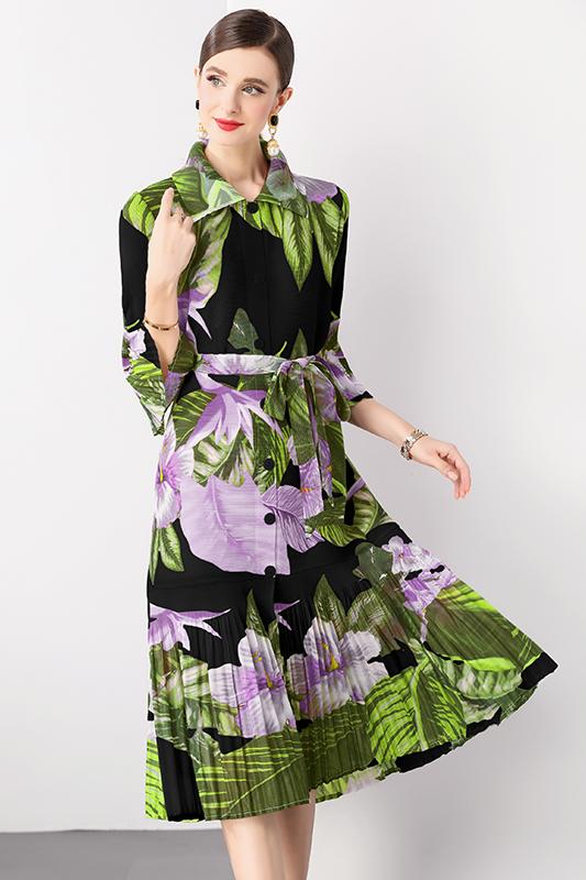 Miyake trumpet sleeve ruffle print style dress, women's long sleeved pleated cardigan style dress with a cinched waist, elongated design Miyake trumpet sleeve ruffle print style dress, women's long sleeved pleated cardigan style dress with a cinched waist, elongated design