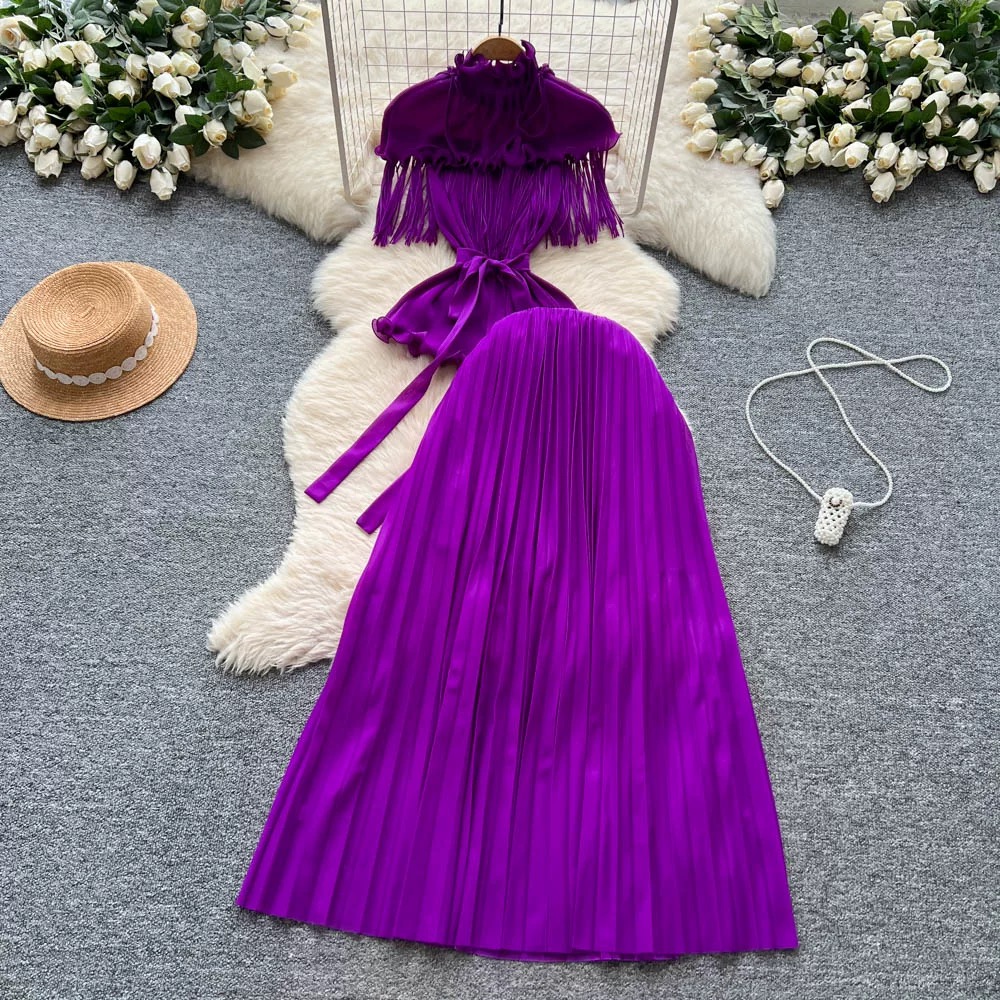 Wrinkled European and American cross-border mushroom edge tassel design with a sense of cinching waist top, pleated skirt, versatile half skirt, light luxury set Wrinkled European and American cross-border mushroom edge tassel design with a sense of cinching waist top, pleated skirt, versatile half skirt, light luxury set