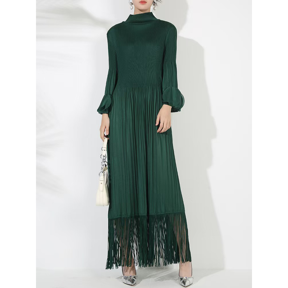 Miyake Cross border European, American, Middle Eastern Tassel Fold Design with Petal Repair Solid Color Dress for Ladies, Long Sleeves, Mid length Skirt Miyake Cross border European, American, Middle Eastern Tassel Fold Design with Petal Repair Solid Color Dress for Ladies, Long Sleeves, Mid length Skirt