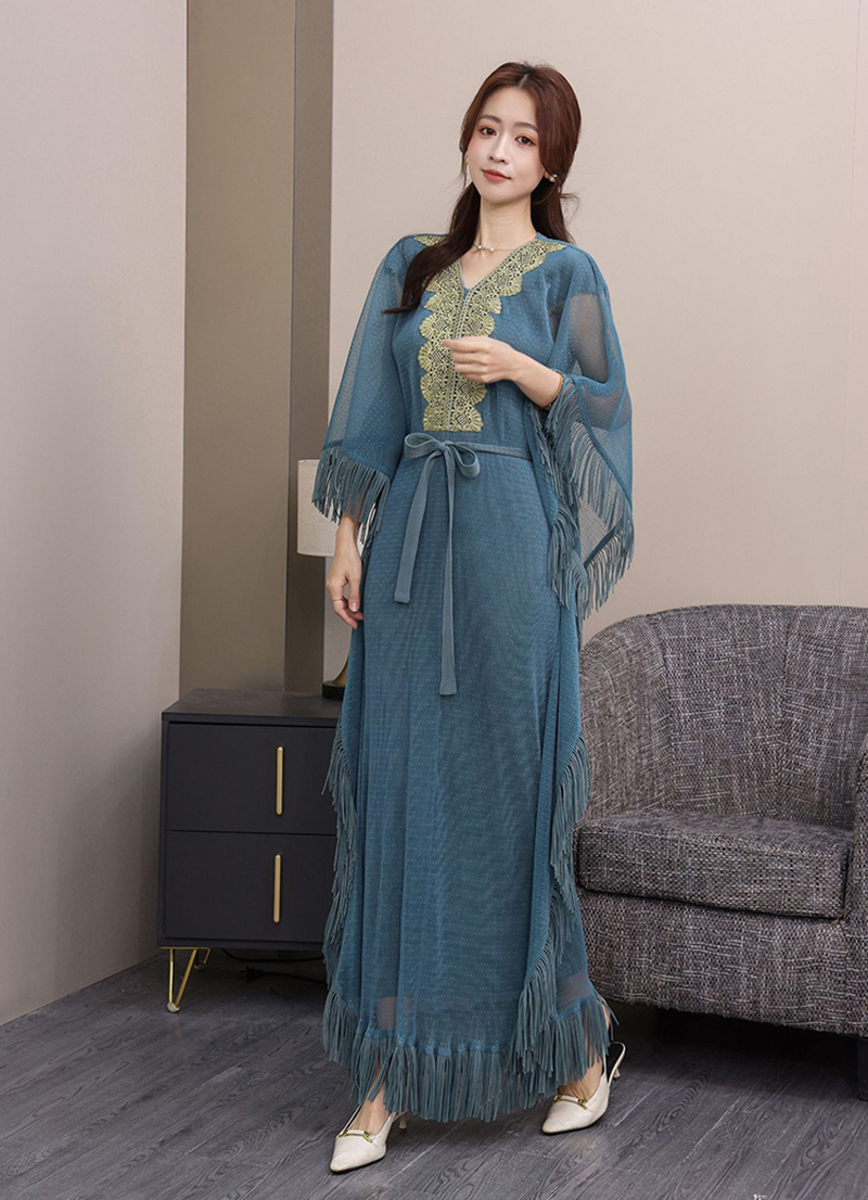 Miyake Cross border Loose Bat Sleeve Tassel Folded Lace Decal Dress Middle Eastern Female Muslim Waist Straw Fabric Miyake Cross border Loose Bat Sleeve Tassel Folded Lace Decal Dress Middle Eastern Female Muslim Waist Straw Fabric