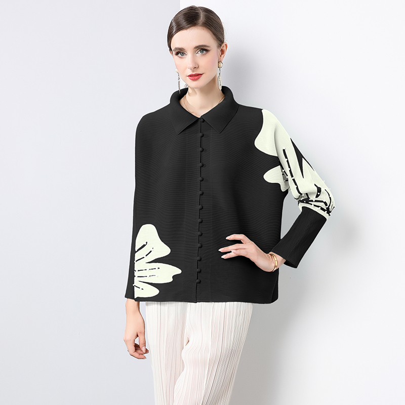 Miyake printed new cardigan top with small fragrance, fresh pleats, nail beads, loose and fashionable batball sleeves, slimming shirt Miyake printed new cardigan top with small fragrance, fresh pleats, nail beads, loose and fashionable batball sleeves, slimming shirt