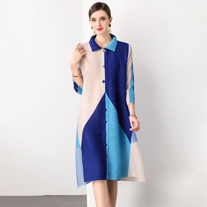 Sanzhai Spring and Autumn Mid length Loose Printed Slimming and Age Reducing Large Size MM Dress with Collar Fold and Nine Cent Sleeve Sanzhai Spring and Autumn Mid length Loose Printed Slimming and Age Reducing Large Size MM Dress with Collar Fold and Nine Cent Sleeve