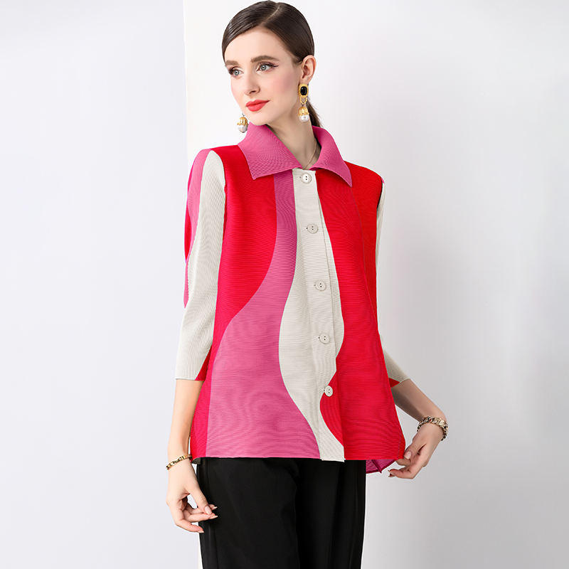 Miyake Spring and Autumn Korean version loose and versatile lapel single breasted long sleeved shirt with design sense, printed niche pleated top Miyake Spring and Autumn Korean version loose and versatile lapel single breasted long sleeved shirt with design sense, printed niche pleated top