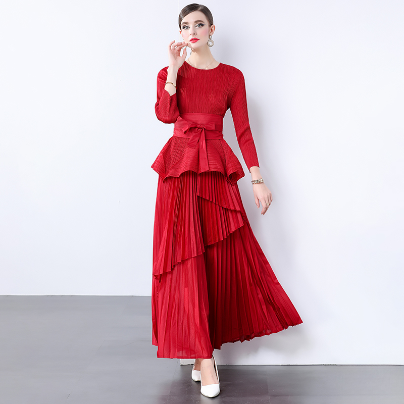 Miyake irregular lantern skirt top, long lace up pleated skirt, foreign trade European and American style pleated set with lining fabric Miyake irregular lantern skirt top, long lace up pleated skirt, foreign trade European and American style pleated set with lining fabric