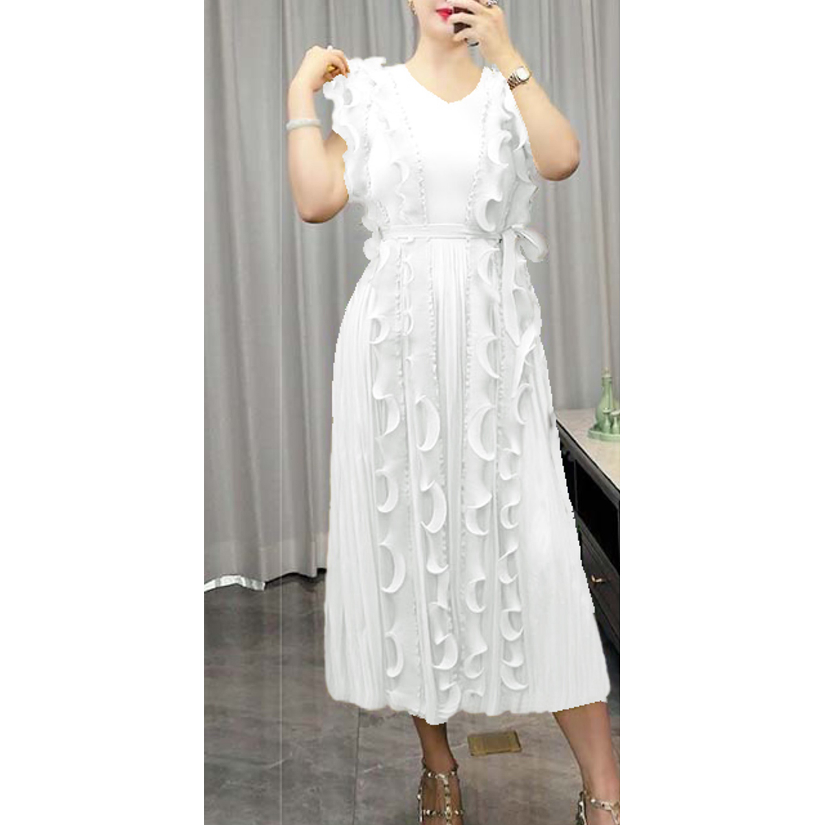 Miyake Cross border European and American Folded Mushroom Edge Design Sense V-neck Sleeveless Dress in Large Size Looks Thin with Lotus Leaf Edge in Africa Miyake Cross border European and American Folded Mushroom Edge Design Sense V-neck Sleeveless Dress in Large Size Looks Thin with Lotus Leaf Edge in Africa