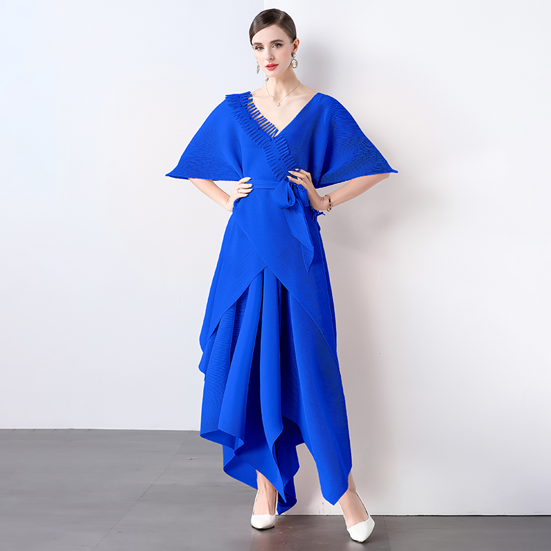 Miyake Foreign Trade Design Jacket Strap Fashion Loose Nail Bead tassel Irregular Wrinkle Solid Color V-neck Set Miyake Foreign Trade Design Jacket Strap Fashion Loose Nail Bead tassel Irregular Wrinkle Solid Color V-neck Set