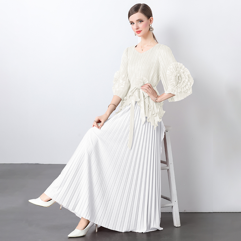 Miyake Foreign Trade Fashion Hot Stamping Curled Edge Plate Flower Design Sense Strap Top High Waist Long Hundred Fold Half Skirt Set Miyake Foreign Trade Fashion Hot Stamping Curled Edge Plate Flower Design Sense Strap Top High Waist Long Hundred Fold Half Skirt Set