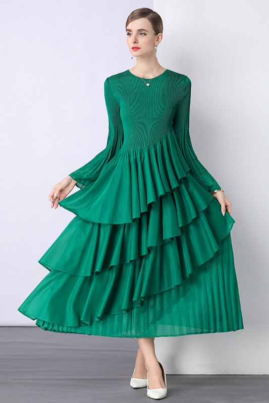 Miyake Cross border European and American Lotus Leaf Edge Cake Skirt Heavy duty Folded High Waist Long Sleeve Light Mature Wind Loose Hanging Dress Miyake Cross border European and American Lotus Leaf Edge Cake Skirt Heavy duty Folded High Waist Long Sleeve Light Mature Wind Loose Hanging Dress