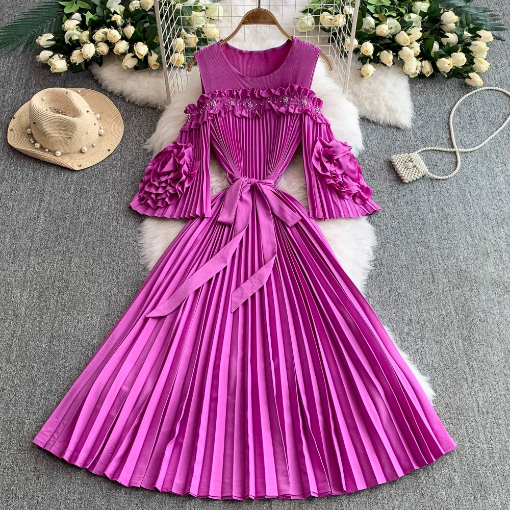 Miyake 2025 new one shoulder flared sleeve three-dimensional flower waist cinching slimming women's pleated dress cross-border nail bead Miyake 2025 new one shoulder flared sleeve three-dimensional flower waist cinching slimming women's pleated dress cross-border nail bead