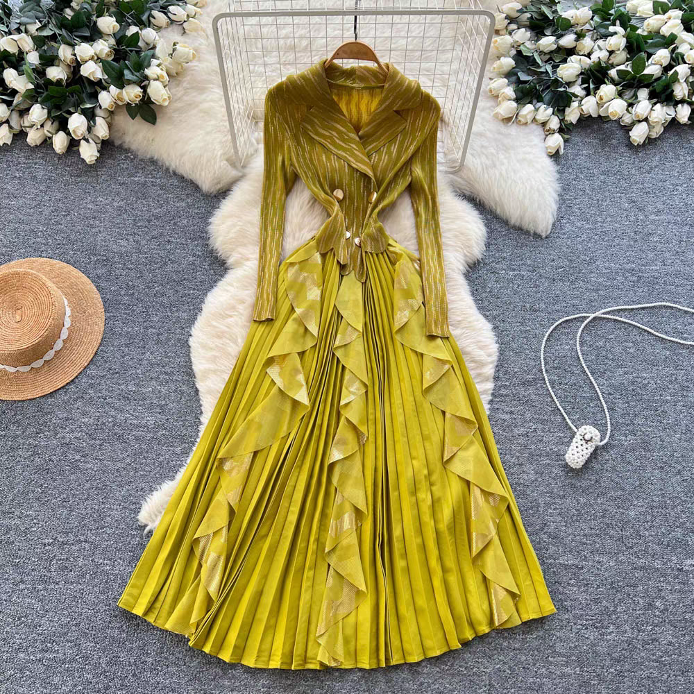 European and American cross-border three bedroom patchwork lotus leaf edge hot stamping pleated dress suit collar double breasted waist cinched long sleeved dress European and American cross-border three bedroom patchwork lotus leaf edge hot stamping pleated dress suit collar double breasted waist cinched long sleeved dress