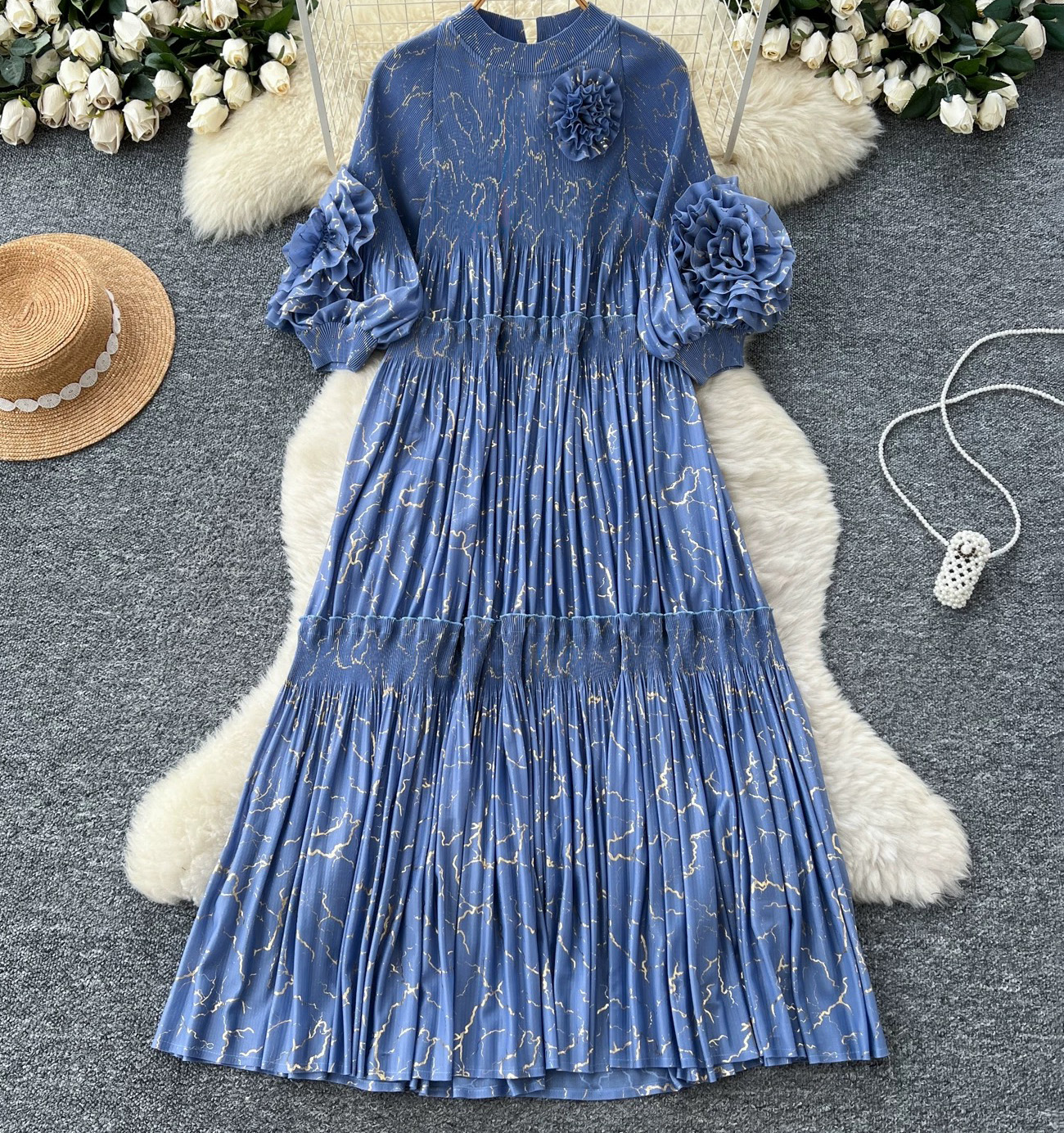 Printed pleated three-dimensional decorative flower plate flower autumn and winter loose slimming cross-border dress high-end lantern sleeve dress Printed pleated three-dimensional decorative flower plate flower autumn and winter loose slimming cross-border dress high-end lantern sleeve dress