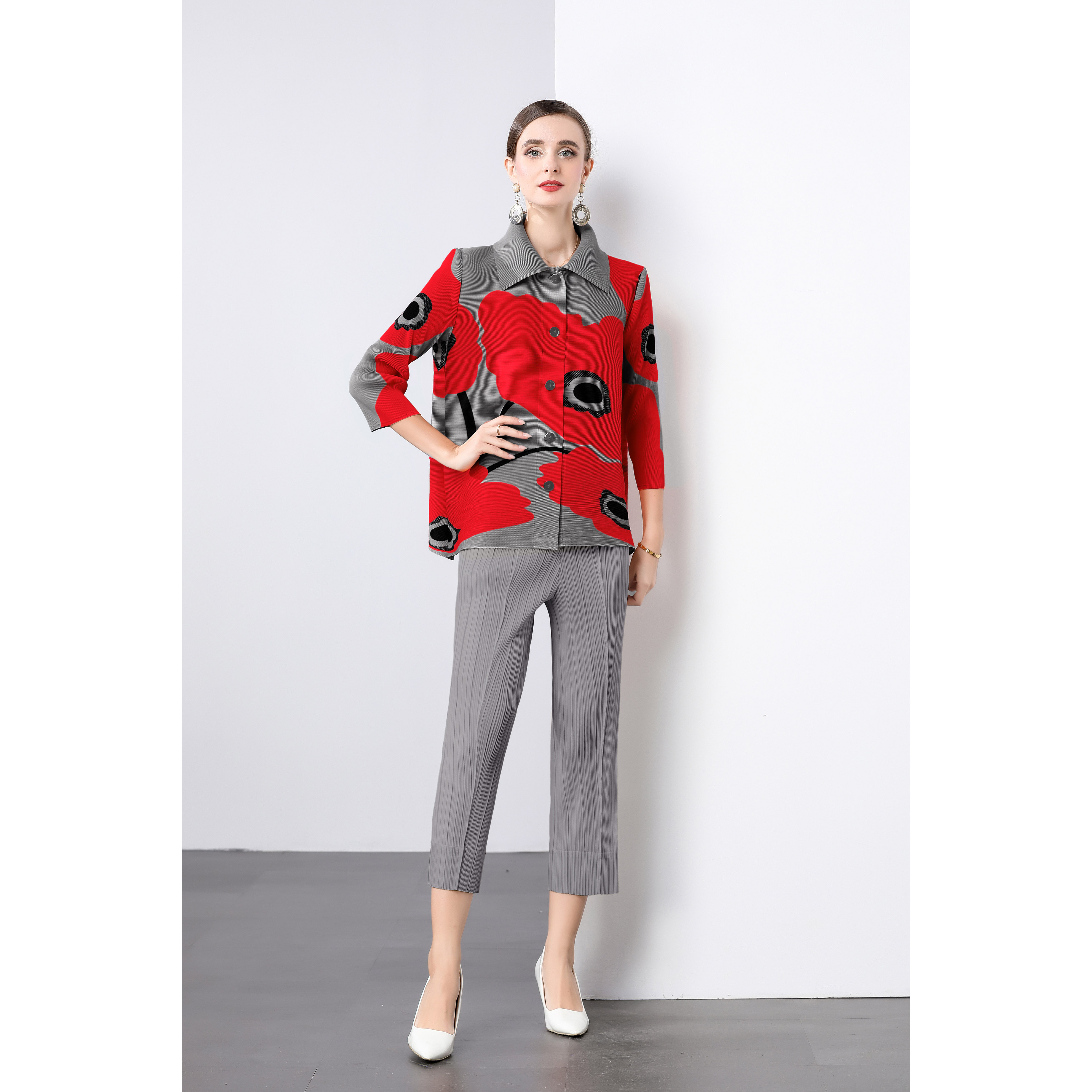 Miyake oversized loose collared pleated cardigan single breasted versatile top straight leg pleated pants Korean women's suit Miyake oversized loose collared pleated cardigan single breasted versatile top straight leg pleated pants Korean women's suit