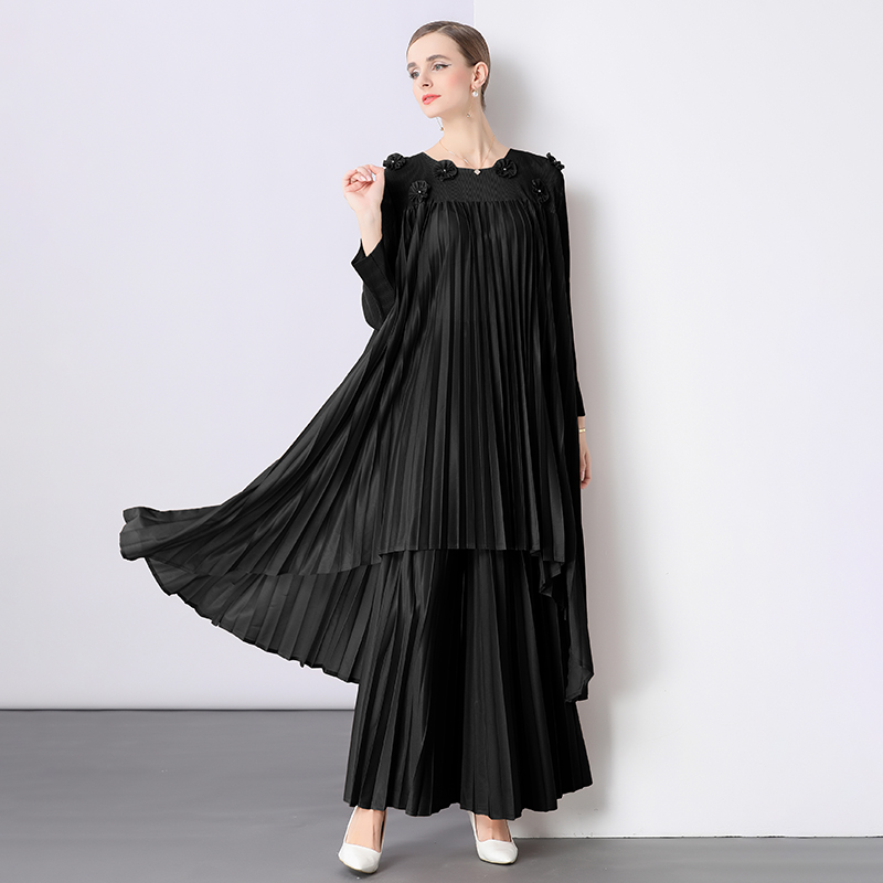 Miyake high-end fabric medium long three-dimensional flower nail bead long sleeved pleated suit high waist slimming pleated wide leg pants Miyake high-end fabric medium long three-dimensional flower nail bead long sleeved pleated suit high waist slimming pleated wide leg pants