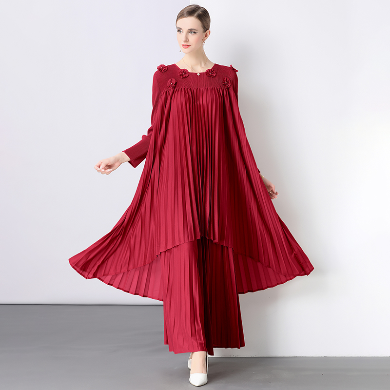 Miyake high-end fabric medium long three-dimensional flower nail bead long sleeved pleated suit high waist slimming pleated wide leg pants