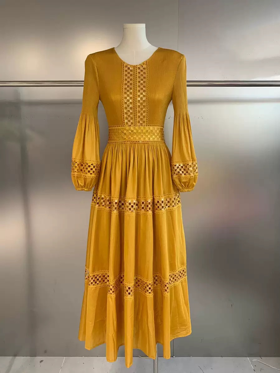 New cross-border three bedroom bohemian style embroidered lace hollow sequin pleated European, American, and African lace dress New cross-border three bedroom bohemian style embroidered lace hollow sequin pleated European, American, and African lace dress