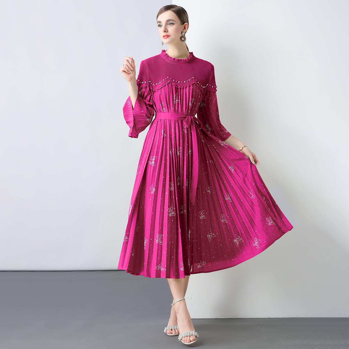 Miyake 2025 design sense heavy industry nail bead nail diamond tie loose dress pleated pleated pleated women's mid length skirt cross-border Miyake 2025 design sense heavy industry nail bead nail diamond tie loose dress pleated pleated pleated women's mid length skirt cross-border